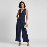 donkerblauwe elegante jumpsuit met wide leg pasvorm dames