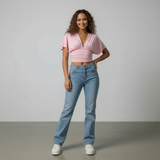 lichtroze top met V-hals en geplooid middendeel dames