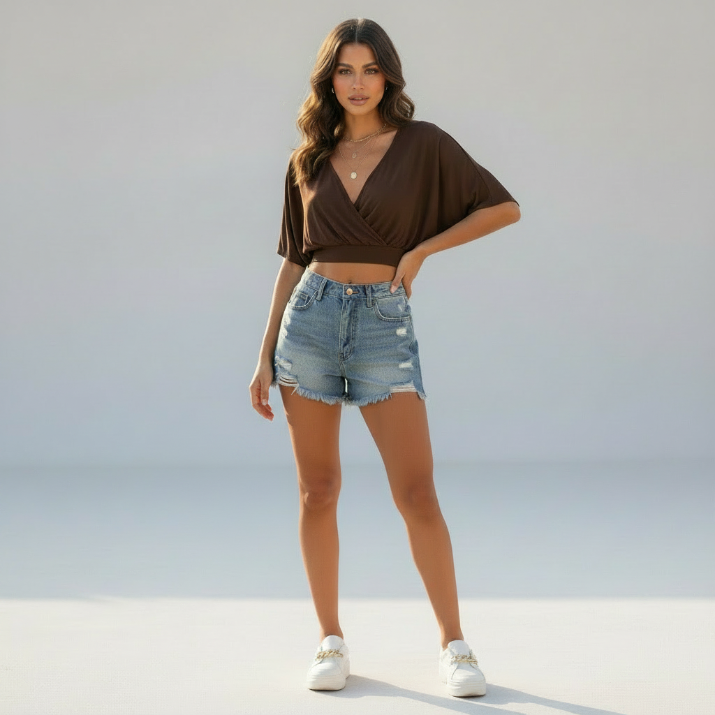 bruine elegante crop top met diepe V-hals dames