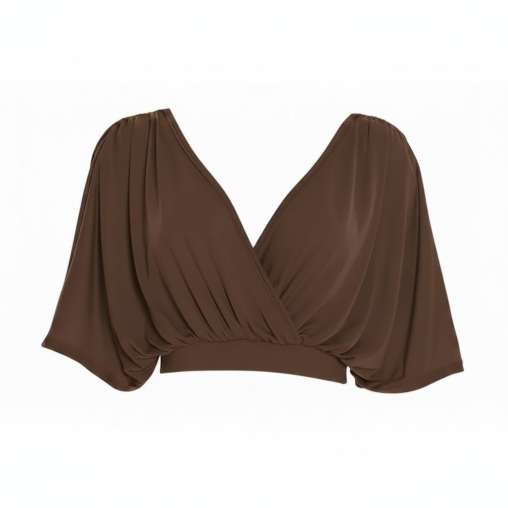 bruine top met diepe V-hals en elastische zoom dames