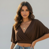 bruine cropped top met diepe V-hals en flowy mouwen dames