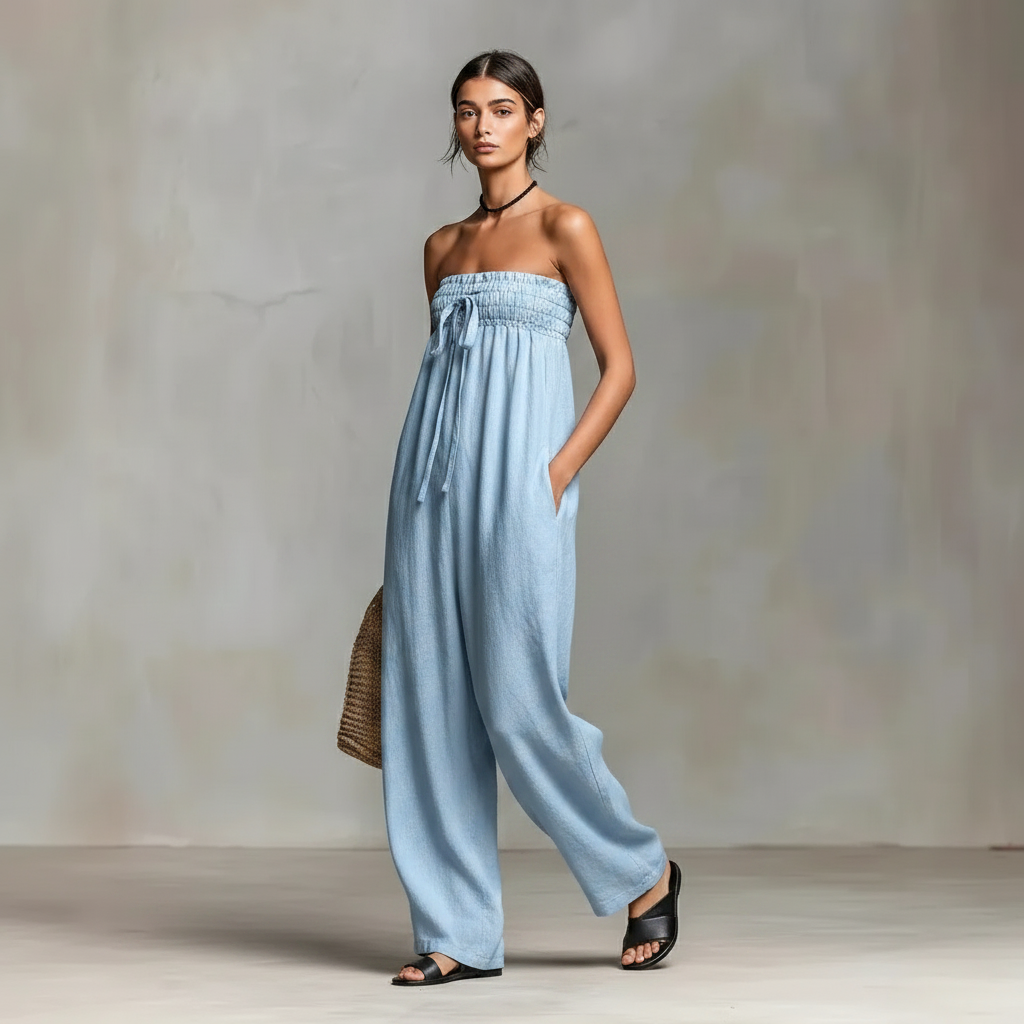 lichtblauwe zomerse jumpsuit met wijde pijpen dames