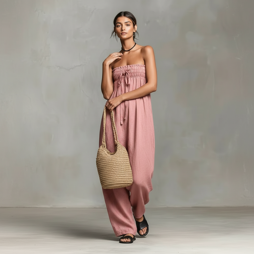 roze luchtige jumpsuit zonder bandjes dames