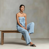 lichtblauwe dames jumpsuit met elastische bovenkant