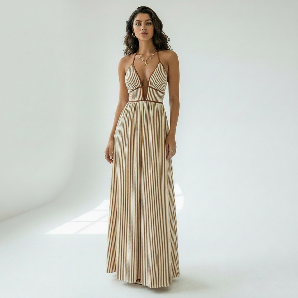 Serelia | Robe maxi rayée avec col halter et décolleté plongeant en V
