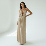 beige stijlvolle lange jurk met flatterende pasvorm dames