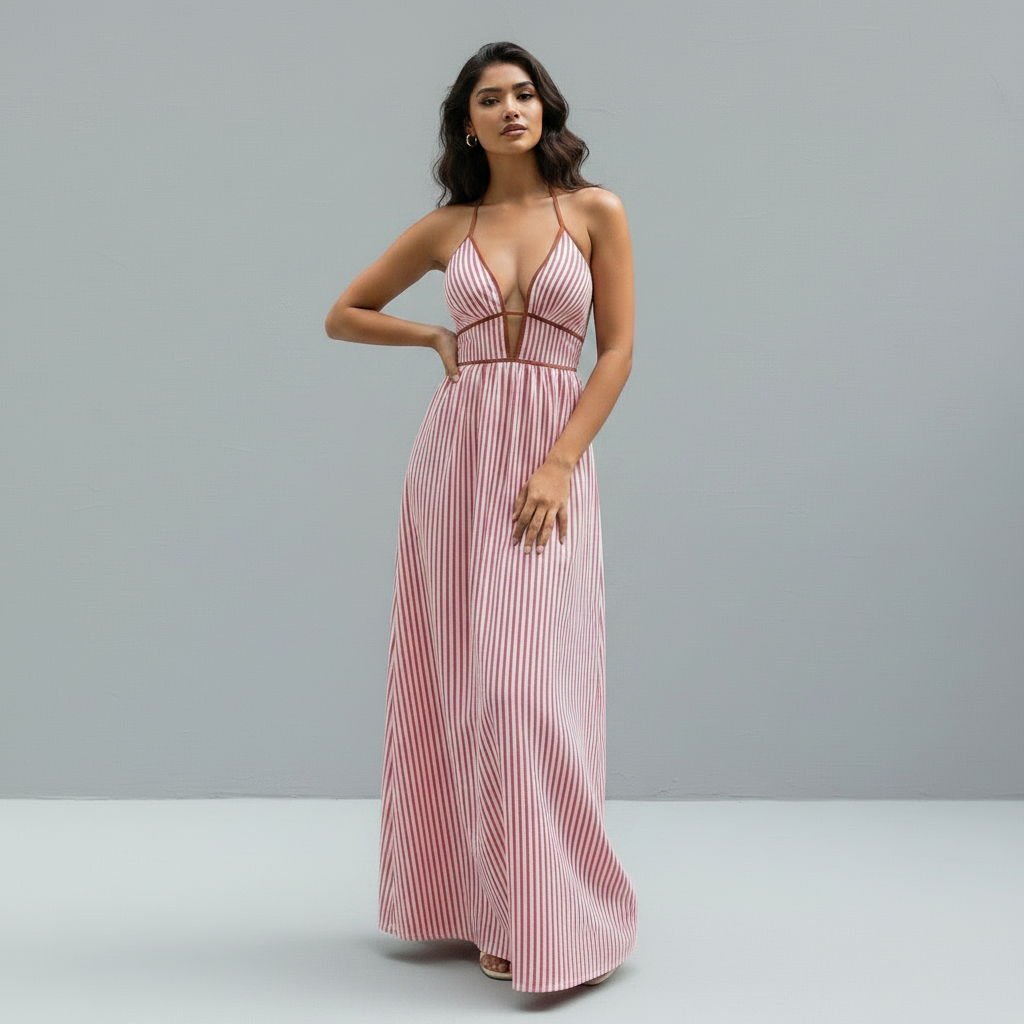 Serelia | Robe maxi rayée avec col halter et décolleté plongeant en V