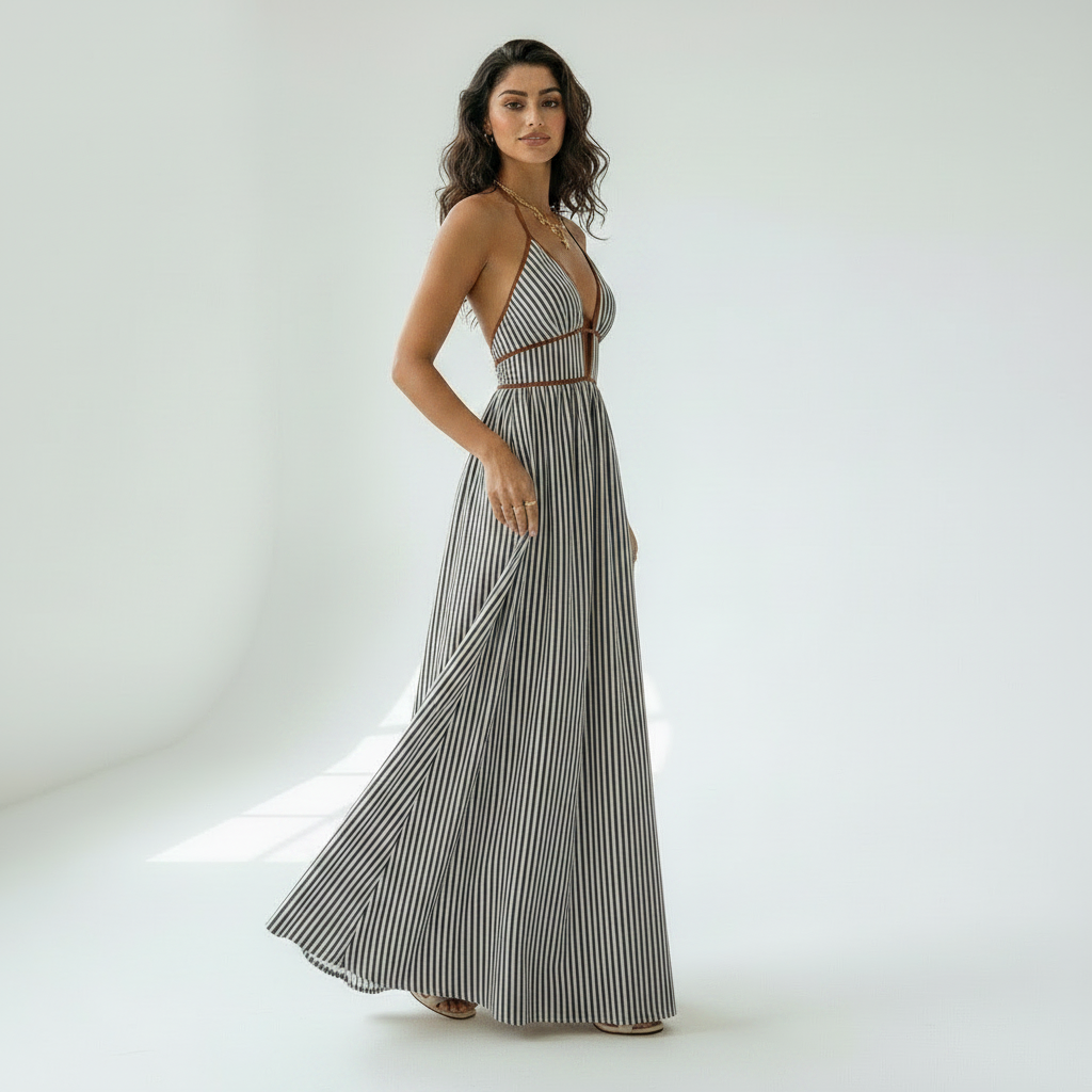 Serelia | Robe maxi rayée avec col halter et décolleté plongeant en V