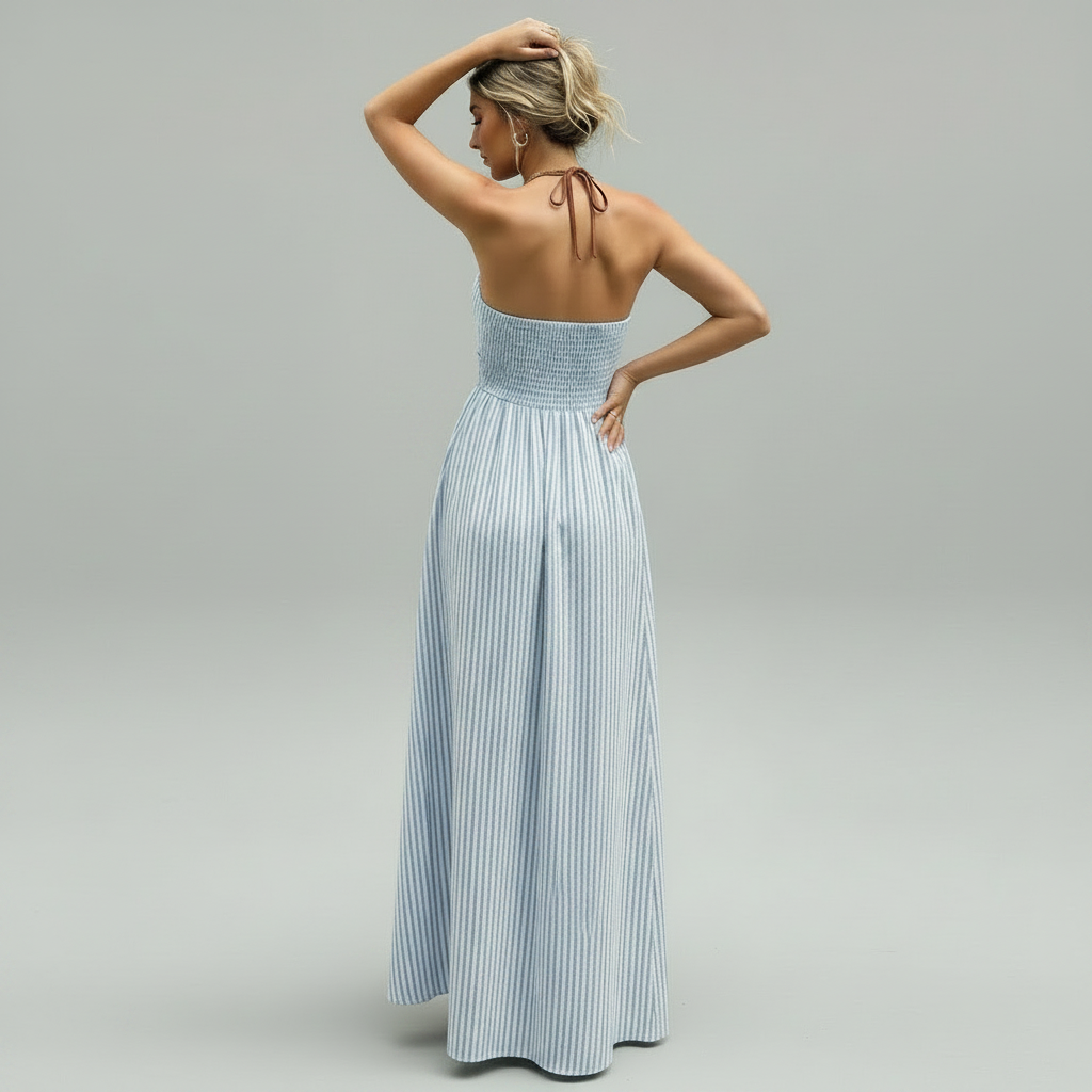 Serelia | Robe maxi rayée avec col halter et décolleté plongeant en V