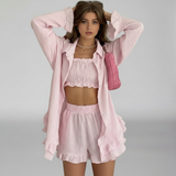 roze 3 delige lounge set met bandeau top en ruffle shorts dames