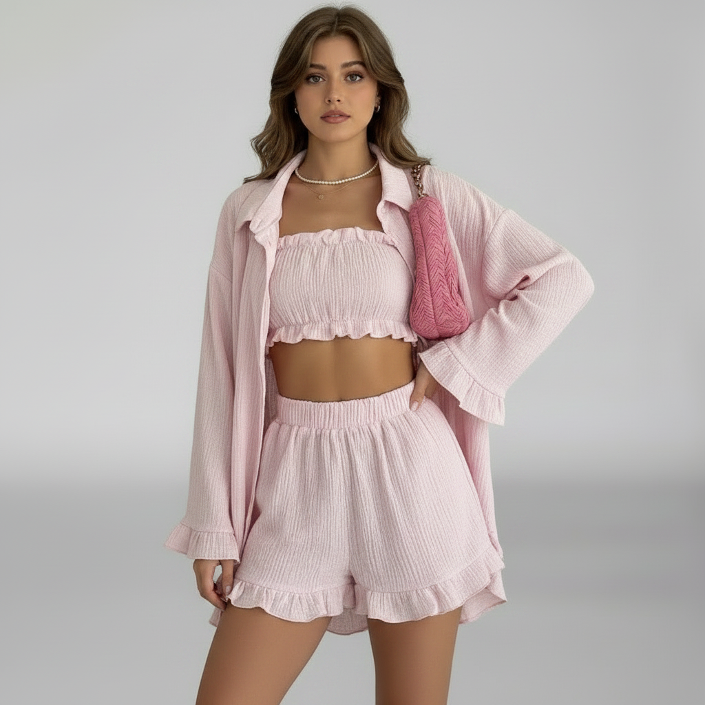 roze vakantie set dames met ruffle shorts