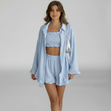 lichtblauwe 3 delige set met blouse bandeau top en shorts dames
