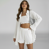 witte 3 piece set dames met bandeau top en flowy blouse