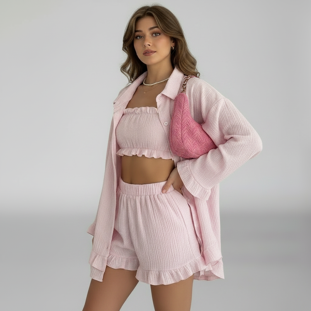 
roze co ord set met open blouse en smock top dames