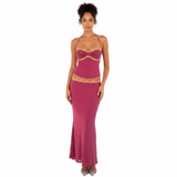 roze 2 delige maxi set met haltertop en kanten details dames
