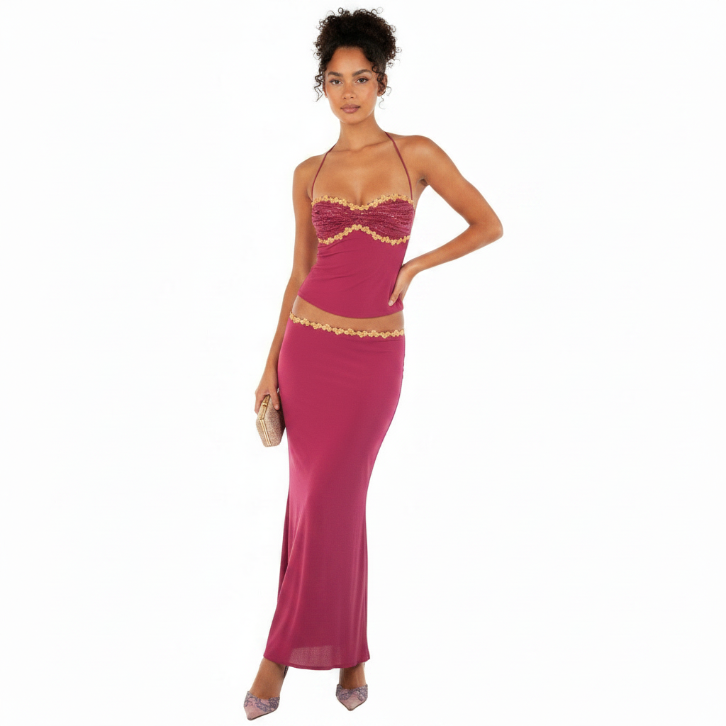 fuchsia maxi rok set met aangesloten top en lace detail dames