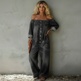 Donkergrijze off-shoulder denim jumpsuit met wide leg fit voor dames