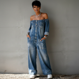 Nivara | Off-shoulder denim jumpsuit met wide leg fit