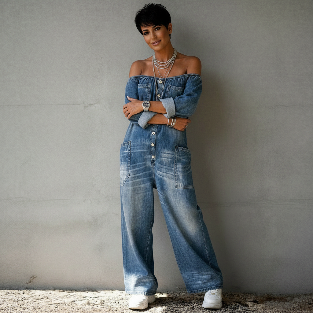 Lichtblauwe off-shoulder denim jumpsuit met wide leg fit voor dames