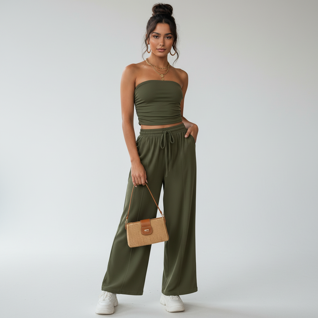 Groene lounge set voor dames met bandeau top en casual fit