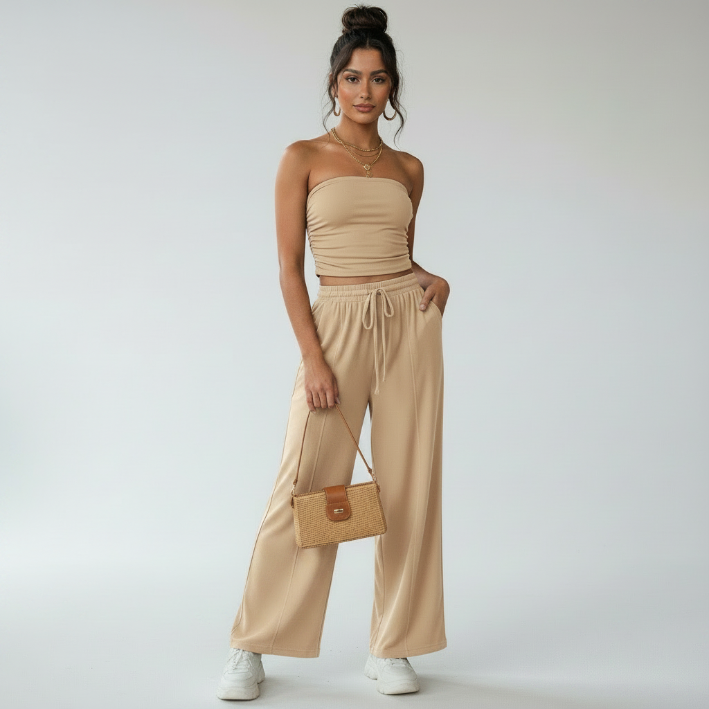Beige strapless lounge set met wide leg broek voor dames