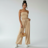 Beige strapless lounge set met wide leg broek voor dames