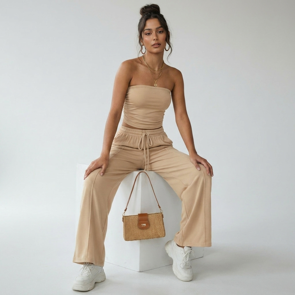 Beige strapless lounge set met wide leg broek voor dames