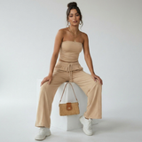 Beige strapless lounge set met wide leg broek voor dames
