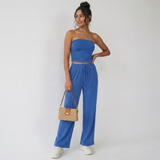 Blauwe strapless set met elastische taille en wijde broek