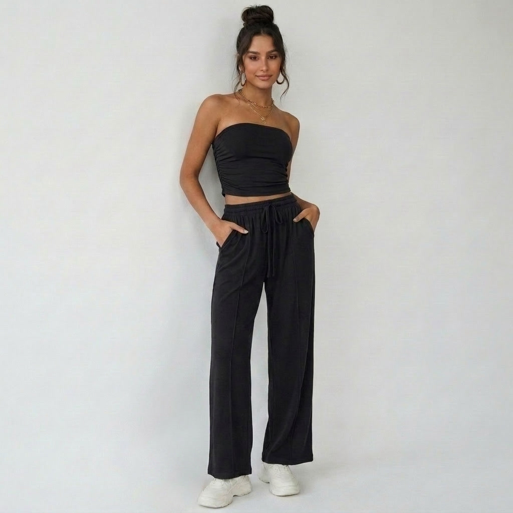 Zwarte tweedelige lounge set met bandeau top en rechte broek