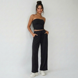 Zwarte tweedelige lounge set met bandeau top en rechte broek