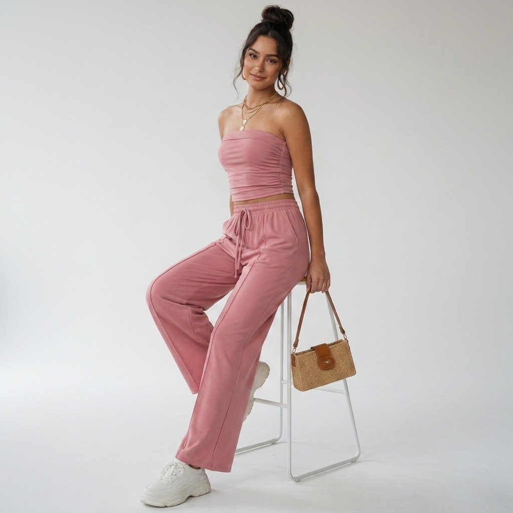 Roze co-ord set voor dames met strapless top en losse broek