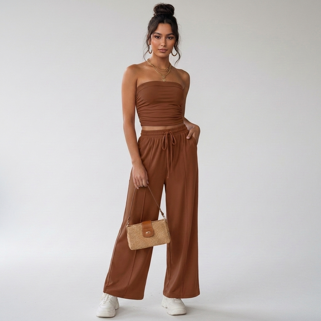 Zwarte tweedelige lounge set met bandeau top en rechte broek