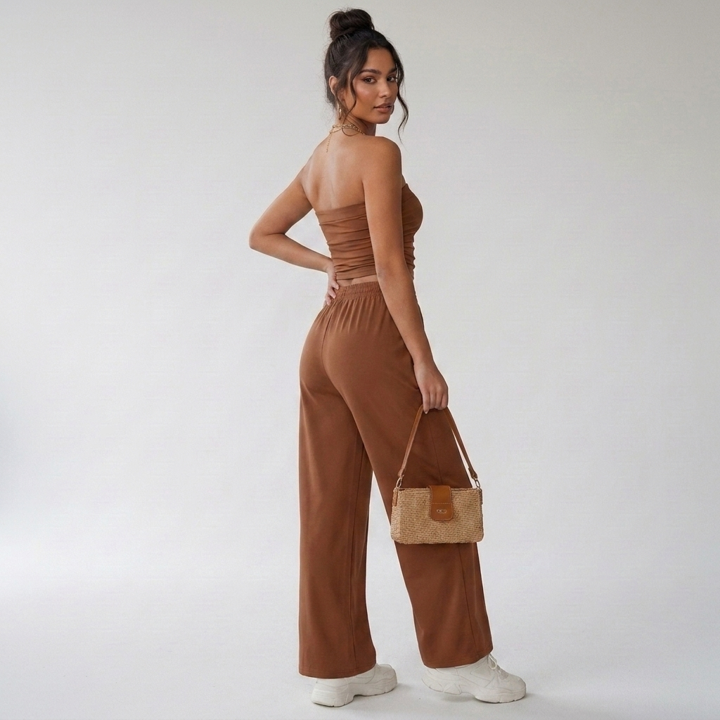 Zwarte tweedelige lounge set met bandeau top en rechte broek