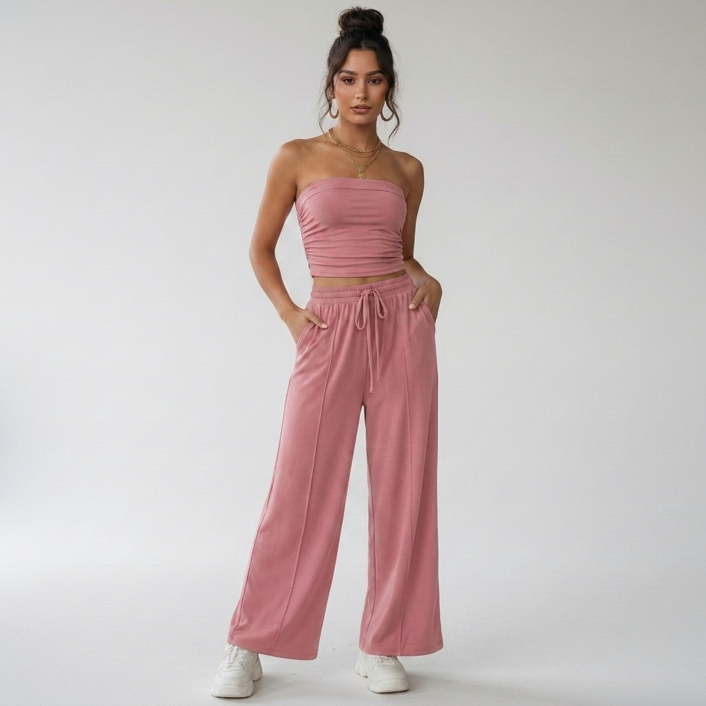 Roze co-ord set voor dames met strapless top en losse broek
