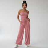 Roze co-ord set voor dames met strapless top en losse broek