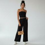 zwarte dames set met strapless top en comfortabele wide leg broek