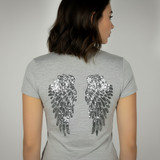 Avelisse grijs dames T-shirt met glinsterende vleugels achterop