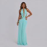turquoise cut out maxi jurk met halterhals en open taille dames