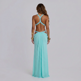 achterkant turquoise maxi jurk met open rug en kruisbanden dames