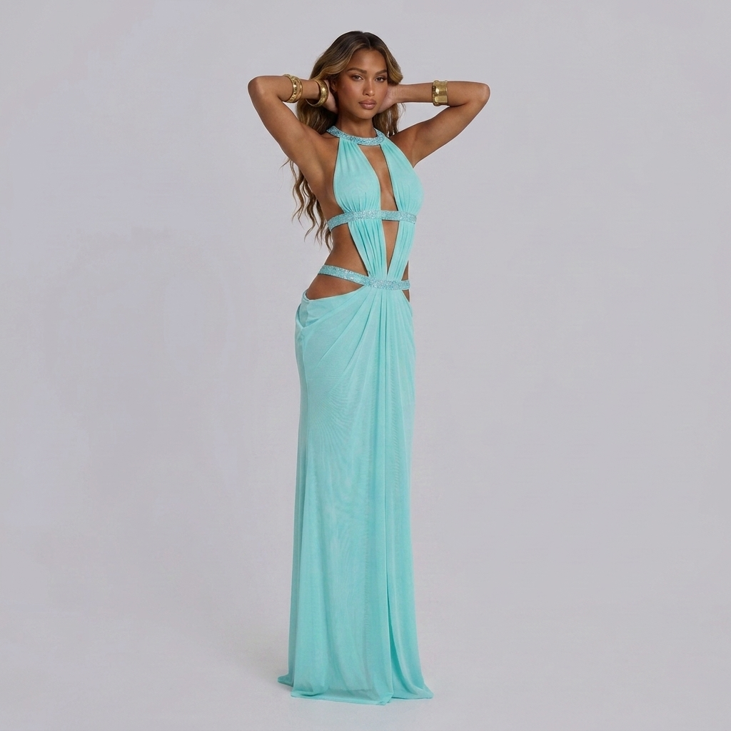 lichtblauwe maxi jurk met diepe hals en taille cut outs dames