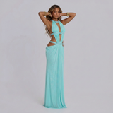 lichtblauwe maxi jurk met diepe hals en taille cut outs dames