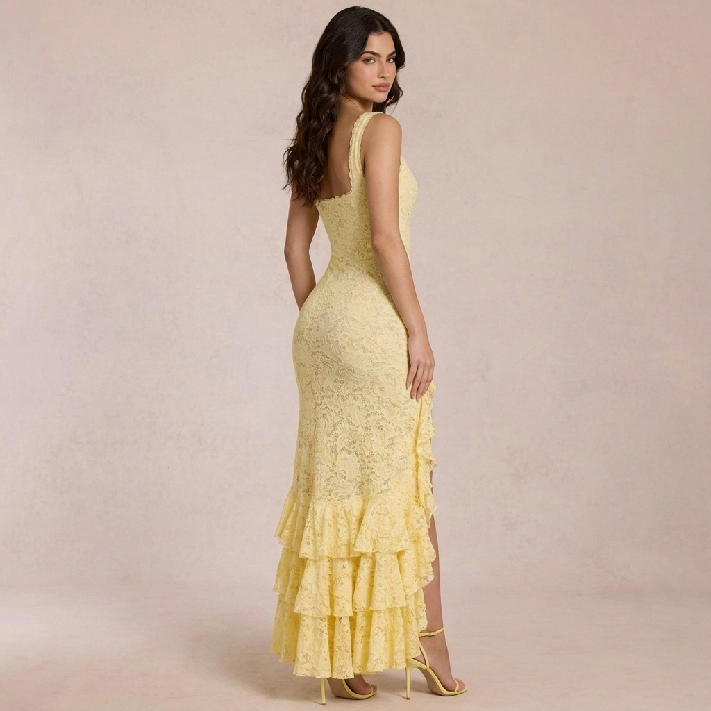 Soléa | Gele Kant Maxi Kleid mit Schlitz- & Rüschendetails