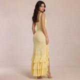 Soléa | Gele Kant Maxi Kleid mit Schlitz- & Rüschendetails