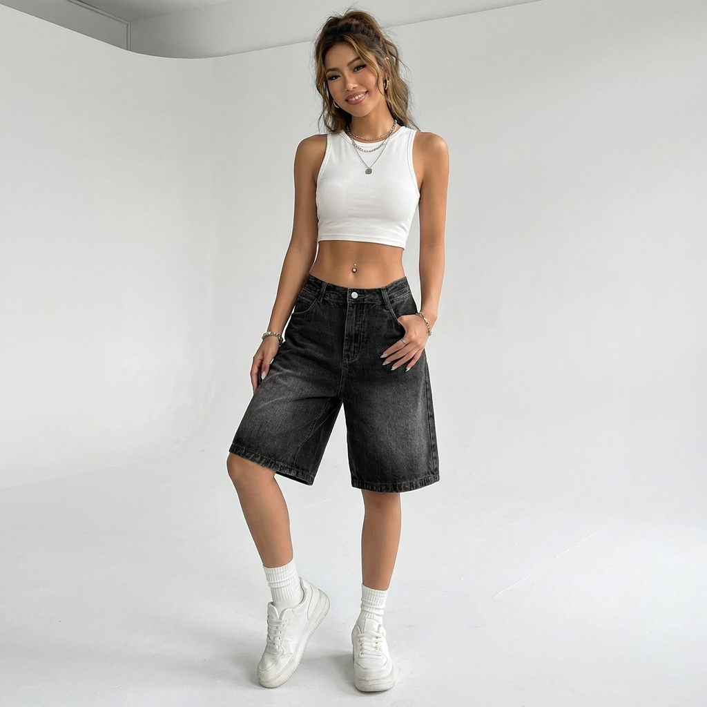 zwarte denim bermuda short dames met high waist en relaxed fit