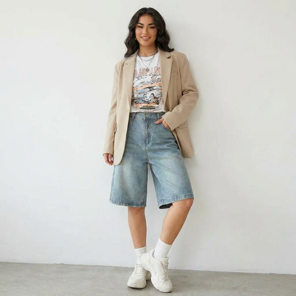 lichtblauwe denim bermuda short dames met high waist en wijde pijpen