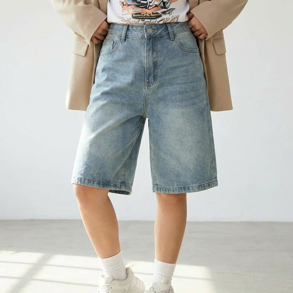 lichtblauwe jeans bermuda short dames met beige blazer streetstyle outfit