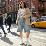 lichtblauwe relaxed fit jeans short dames met sneakers en oversized blazer