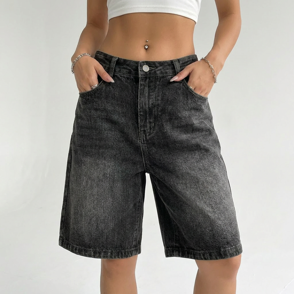 close up zwarte denim short dames met high waist en knoopsluiting