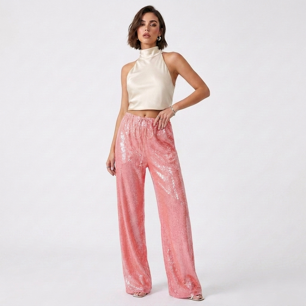 koraal pailletten wide leg broek met hoge hals top dames